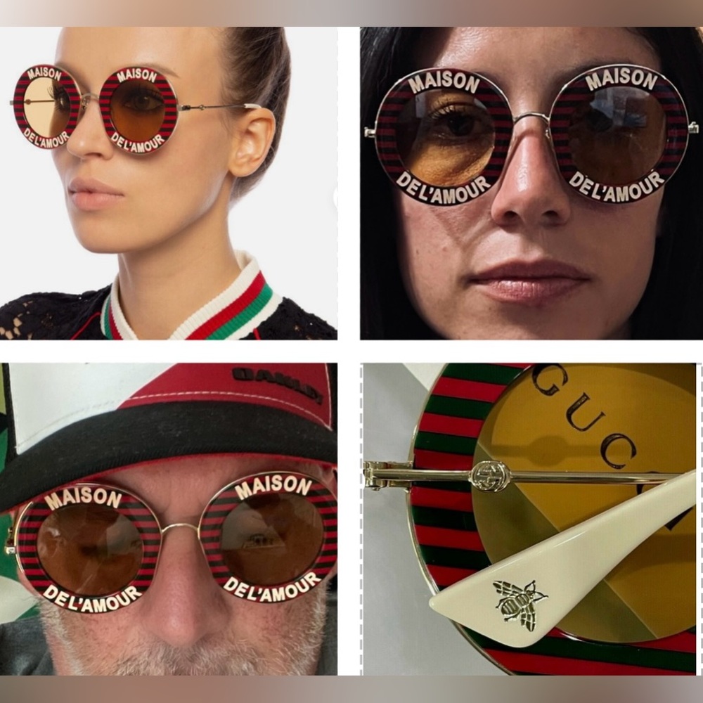 CELEB’S FAV GUCCI MAISON DEL’ AMOUR  ROUND DARK GREEN AND RED STRIPES SUNGLASSES - Picture 12 of 16